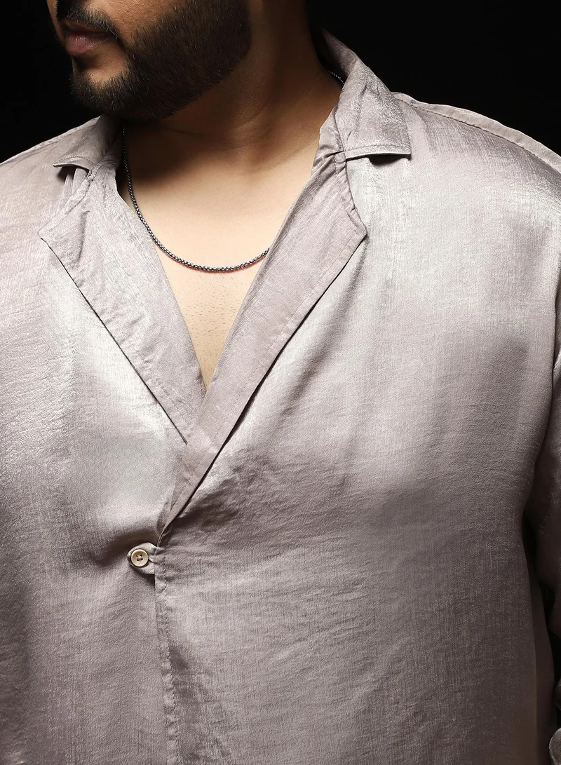 Instafab Plus Instafab Plus Men's Smoke Grey Cuban-Modular Shirt | Notch Collar , Long Cuffed Sleeves , Button Closure , Straight Hemline | Solid Plain Polyester Material For Casual & Vacation Wear