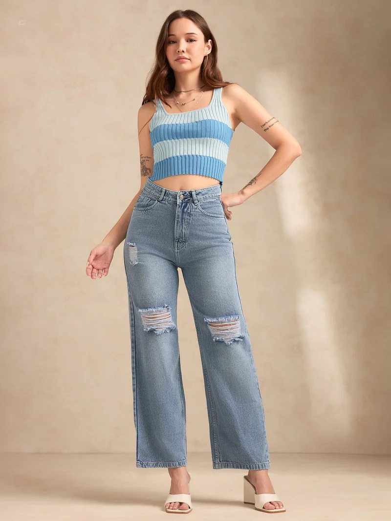 Outzidr blue Blue Square Neck Flat Knit Tank for Women | Best Price UAE
