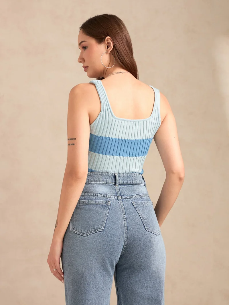 Outzidr blue Blue Square Neck Flat Knit Tank for Women | Best Price UAE