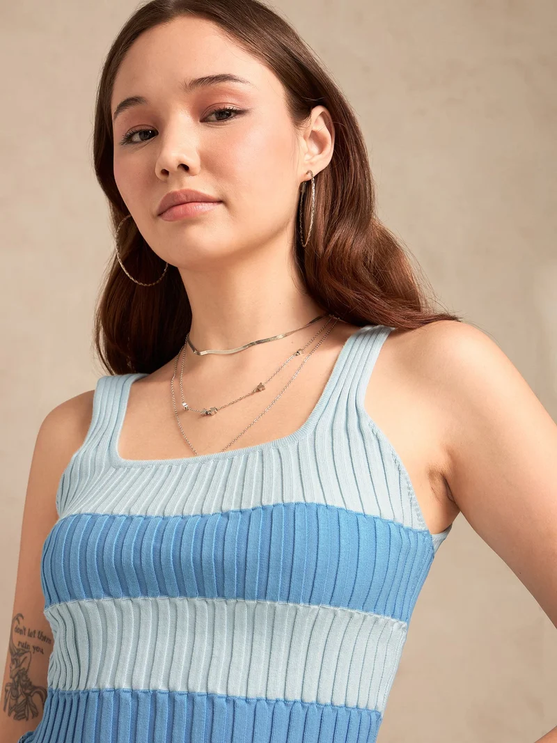 Outzidr blue Blue Square Neck Flat Knit Tank for Women | Best Price UAE