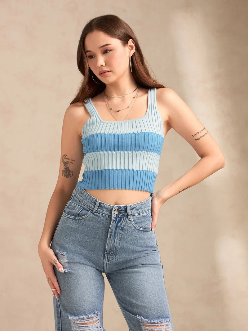 Outzidr blue Blue Square Neck Flat Knit Tank for Women | Best Price UAE