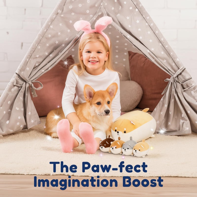 PixieCrush Stuffed Dog Toy - Cute Plushies Shiba Inu Mommy with 4 Puppies - Adorable Plush Pillow for Imaginative Play - Puppy Surprise Soft Animal Toy Set for Girls - Stuffed Animals for Ages 3-8 - Image 3