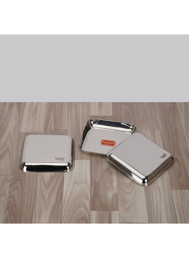 Sumeet طقم أطباق سومييت من الفولاذ المقاوم للصدأ بشكل مربع متوسط / أطباق وجبات خفيفة / أطباق إفطار مكون من 3 قطع، 15 سم قطر، فضي - Image 5