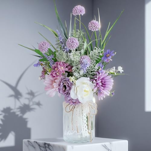 LUEUR Artificial Faux Flowers in Vase-Fake Purple Transvaal Daisy and Dandelion Flowers with Vase for Spring Decor Arrangement Decor Home Coffee Table Decor Dining Room - Image 2
