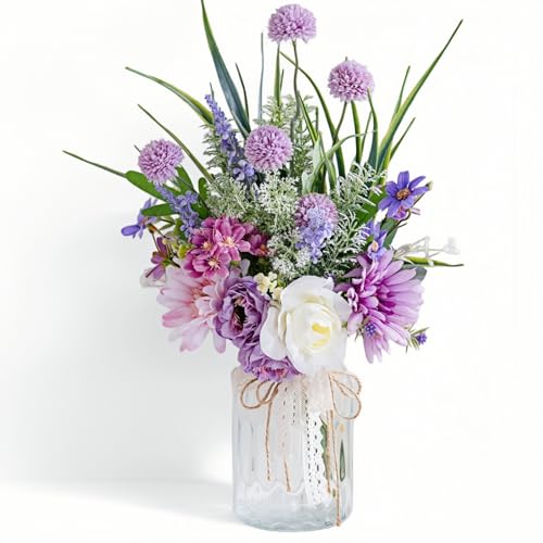 LUEUR Artificial Faux Flowers in Vase-Fake Purple Transvaal Daisy and Dandelion Flowers with Vase for Spring Decor Arrangement Decor Home Coffee Table Decor Dining Room - Image 1
