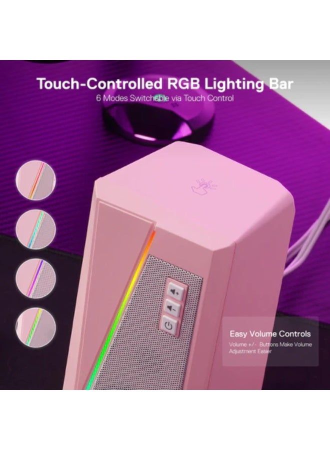 ريدراجون GS520P ANVIL RGB مكبرات صوت ألعاب ستيريو، مكبر صوت حاسوب ستيريو بقناة 2.0 مع 6 أوضاع LED ملونة، صوت معزز وتحكم سهل في مستوى الصوت، يعمل بالطاقة عبر USB مع كابل 3.5 مم، وردي - Image 4