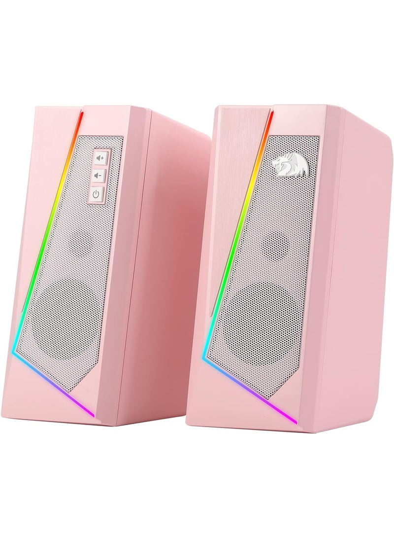 ريدراجون GS520P ANVIL RGB مكبرات صوت ألعاب ستيريو، مكبر صوت حاسوب ستيريو بقناة 2.0 مع 6 أوضاع LED ملونة، صوت معزز وتحكم سهل في مستوى الصوت، يعمل بالطاقة عبر USB مع كابل 3.5 مم، وردي - Image 1