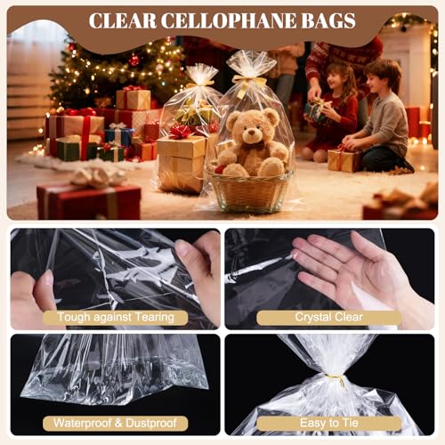PureGuard 10 PCS Clear Cellophane Bags, Large Plastic Cellophane Gift Bags 24x30 Inch Cellophane Wrap for Gift Baskets with Twist Ties for Wedding Birthday Christmas Party Favor - Image 3