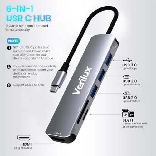 Verilux® USB C Hub Multiport Adapter- 6 in 1 Portable Aluminum Type C Hub with 4K HDMI Output, USB 2.0/3.0 Ports, SD/Micro SD Card Reader Compatible for MacBook Pro 2016-2020, MacBook Air 2018-2020, Type-C Devices - Image 2