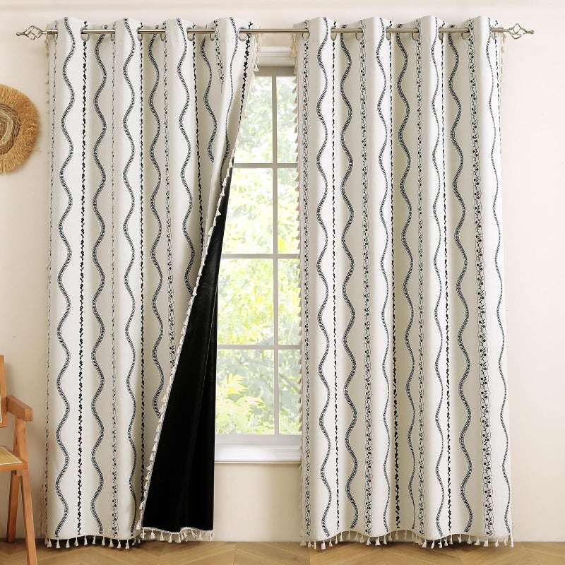 ColorBird 100% Boho Blackout Curtains Floral Thermal Insulated 63 Inch 2 Panels Set Southwest Linen Texture Black Out Western Black and White Curtain Drapes for Bedroom Living Room - Image 1