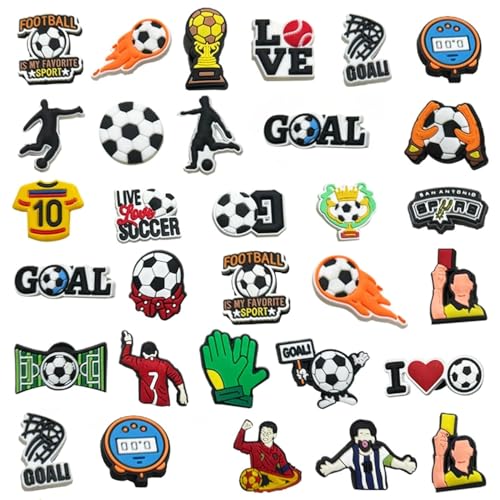 Ahamo 34pcs Football Theme Shoe Charms for Clog Shoes - DIY Style Decoration Buttons, Durable Plastic Shoe Accessories for Women, Men, Kids (Soccer Ball Design) - Image 1