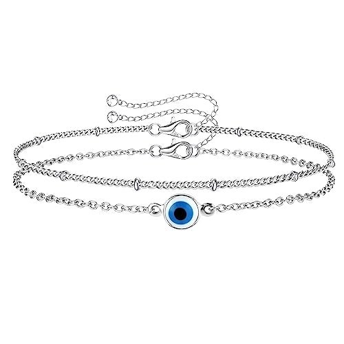 MILACOLATO 925 Sterling Silver Clasp Chain Bracelets 14K White Gold Plated Evil Eye Women Link Bracelet Adjustable Layered Satellite Beads Bracelets for Women - Image 1