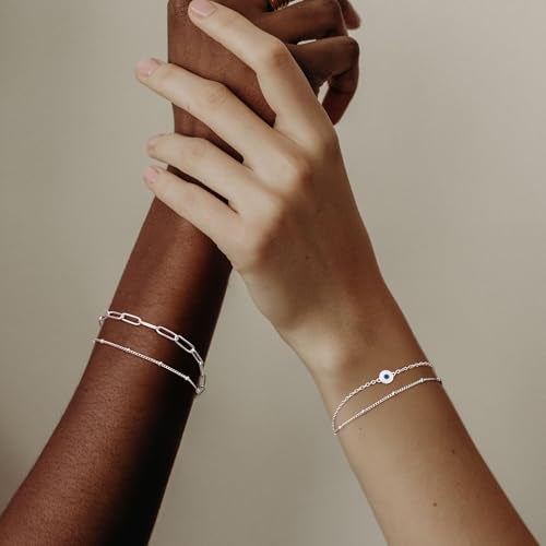 MILACOLATO 925 Sterling Silver Clasp Chain Bracelets 14K White Gold Plated Evil Eye Women Link Bracelet Adjustable Layered Satellite Beads Bracelets for Women - Image 4