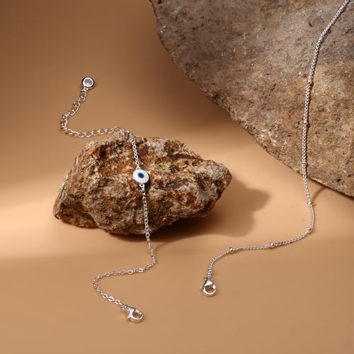 MILACOLATO 925 Sterling Silver Clasp Chain Bracelets 14K White Gold Plated Evil Eye Women Link Bracelet Adjustable Layered Satellite Beads Bracelets for Women - Image 5