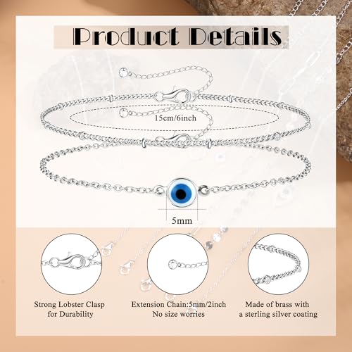MILACOLATO 925 Sterling Silver Clasp Chain Bracelets 14K White Gold Plated Evil Eye Women Link Bracelet Adjustable Layered Satellite Beads Bracelets for Women - Image 2
