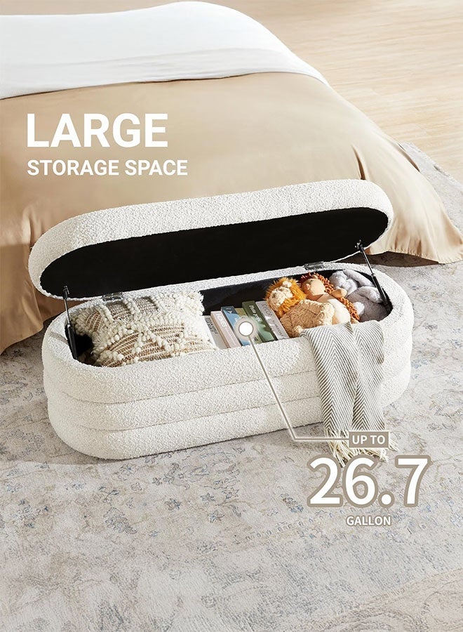 LEDIN Storage Ottoman Bench, 120 cm Upholstered Fabric, Large Oval Design for Bedroom, Living Room, Entryway (White) - Image 3