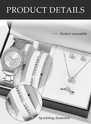 5 Pcs Rhinestone Women Watch Set，Alloy Strap Quartz Watches for Ladies ,Women's Luxurious Bling Diamond Crystal Decorated Watch with Earrings, Bracelet, Necklace, Ring,Fashionable and Elegant, Suitable for a Gift for Women,Silver - view 4