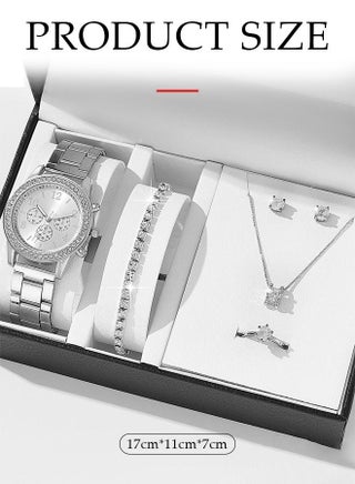5 Pcs Rhinestone Women Watch Set，Alloy Strap Quartz Watches for Ladies ,Women's Luxurious Bling Diamond Crystal Decorated Watch with Earrings, Bracelet, Necklace, Ring,Fashionable and Elegant, Suitable for a Gift for Women,Silver - view 2