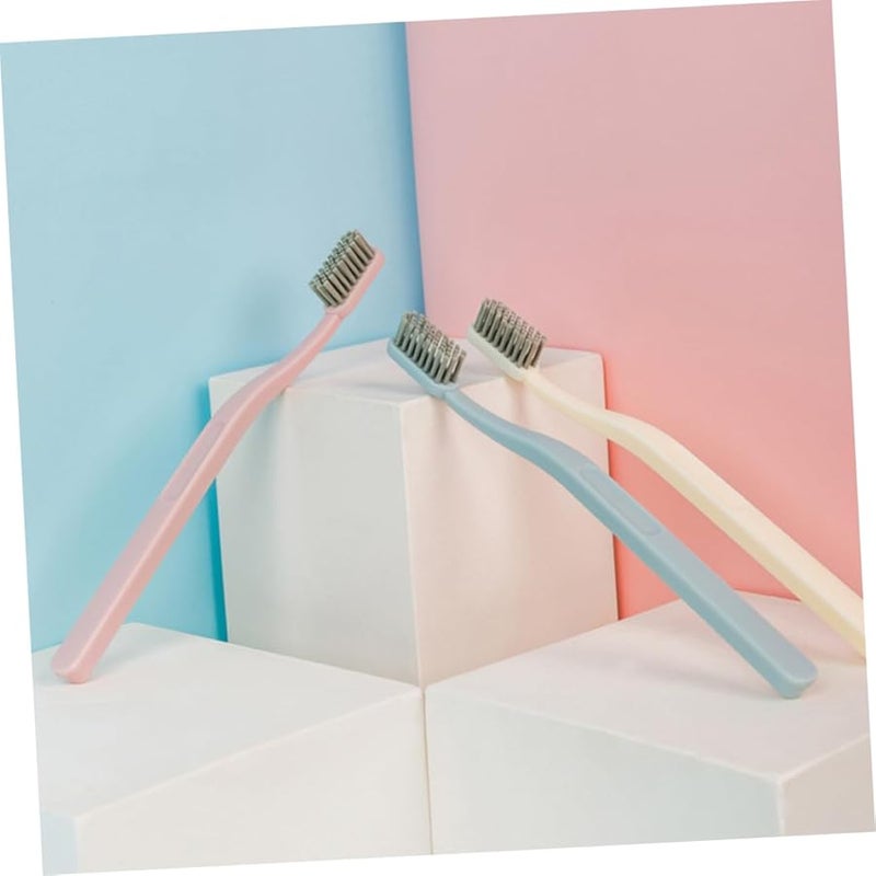 9 قطع فرشاة أسنان للكبار من النايلون الصلب بمقبض منحني متين باللون الوردي والأزرق السماوي والبيج - Image 5