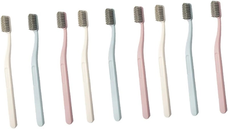 9 قطع فرشاة أسنان للكبار من النايلون الصلب بمقبض منحني متين باللون الوردي والأزرق السماوي والبيج - Image 1