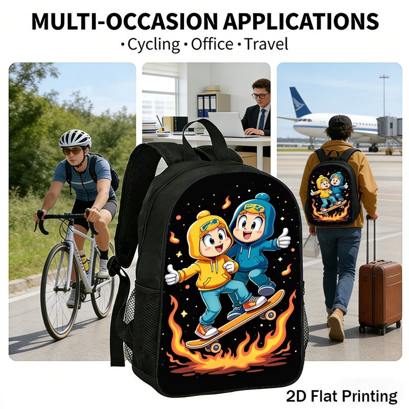 Sports Cartoon Skater Flames Backpack Durable Lightweight 2D Flat Print for weekend outdoor street for Unisex - Image 5