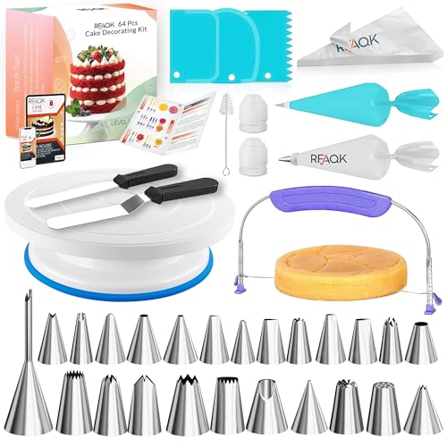 RFAQK 64 PCs Cake Decorating Kit for Beginners Includes Video Course Booklet Baking Supplies Gift Cake Stand Leveler 24 Numbered Piping Tips Straight Offset Spatula Scraper sets