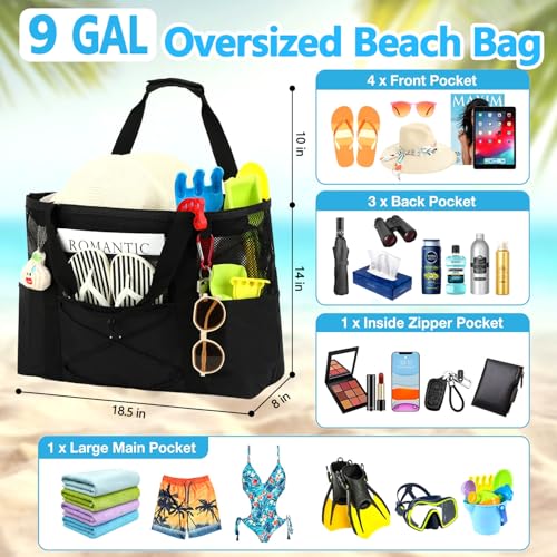 Fammart Mesh Beach Bag, Large Beach Tote with Zipper Pocket, Toys Pool Bag for Family Travel Vacation Cruise Essentials, Large, Sandproof - Black - Image 3