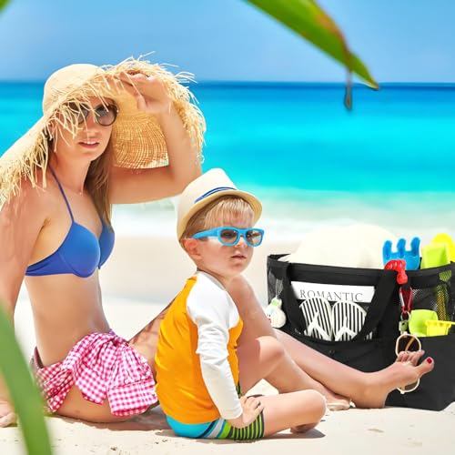 Fammart Mesh Beach Bag, Large Beach Tote with Zipper Pocket, Toys Pool Bag for Family Travel Vacation Cruise Essentials, Large, Sandproof - Black - Image 2