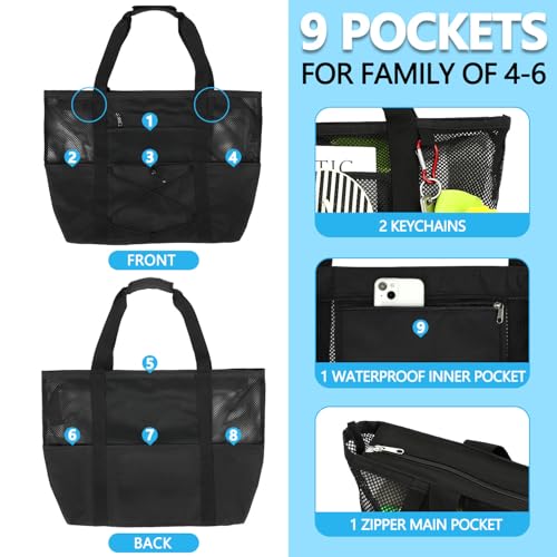 Fammart Mesh Beach Bag, Large Beach Tote with Zipper Pocket, Toys Pool Bag for Family Travel Vacation Cruise Essentials, Large, Sandproof - Black - Image 4