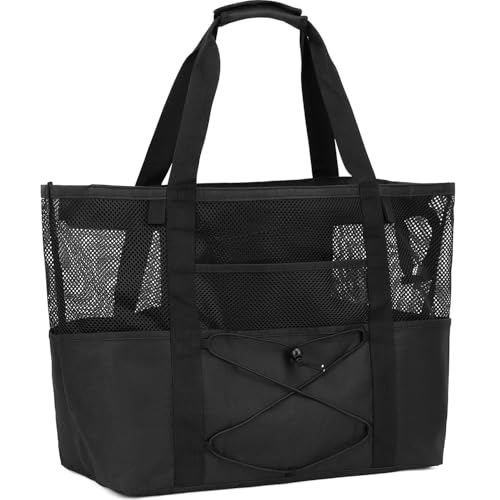 Fammart Mesh Beach Bag, Large Beach Tote with Zipper Pocket, Toys Pool Bag for Family Travel Vacation Cruise Essentials, Large, Sandproof - Black - Image 1