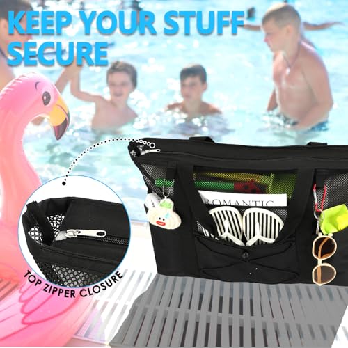 Fammart Mesh Beach Bag, Large Beach Tote with Zipper Pocket, Toys Pool Bag for Family Travel Vacation Cruise Essentials, Large, Sandproof - Black - Image 5