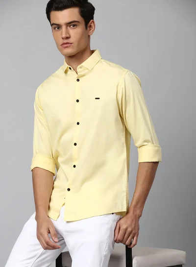Dennis Lingo Slim Fit Yellow Men's Solid Shirt, Spread Collar, Full Sleeves, 100% Cotton