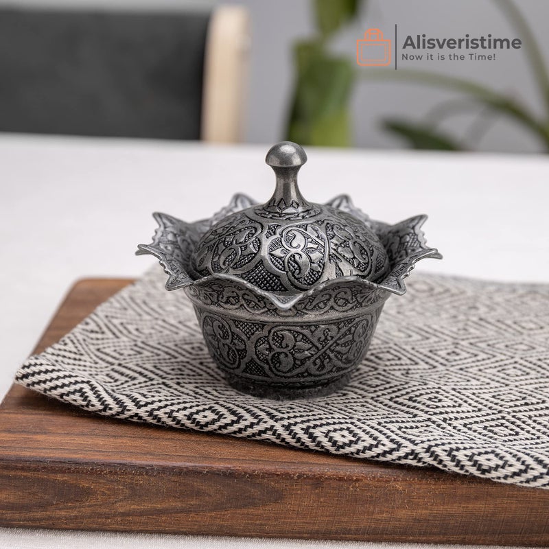 Alisveristime Handmade Brass Sugar Bowl with Lid - Coated Candy Dish for Coffee Bar (Gultas Small Bowl) (Black) - Image 2