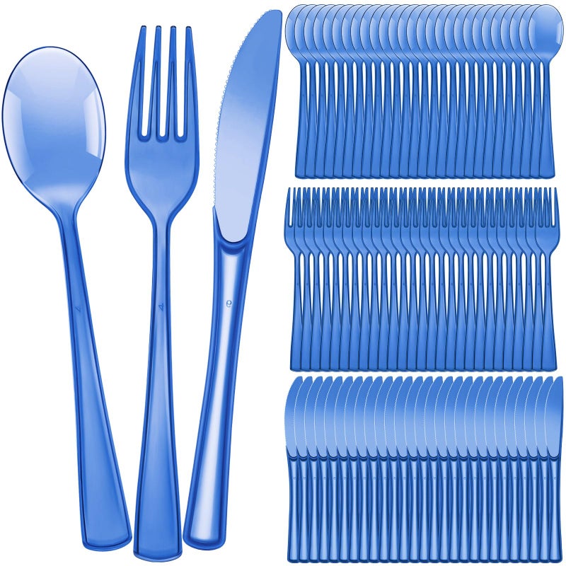 Minatee 150 Pieces Disposable Cutlery Set Plastic Silverware Heavy Duty Utensil Sets 50 Forks 50 Knives 50 Spoons for Home Office School Party Picnics Restaurant Outdoor Events or Every Day Use (Blue) - Image 1