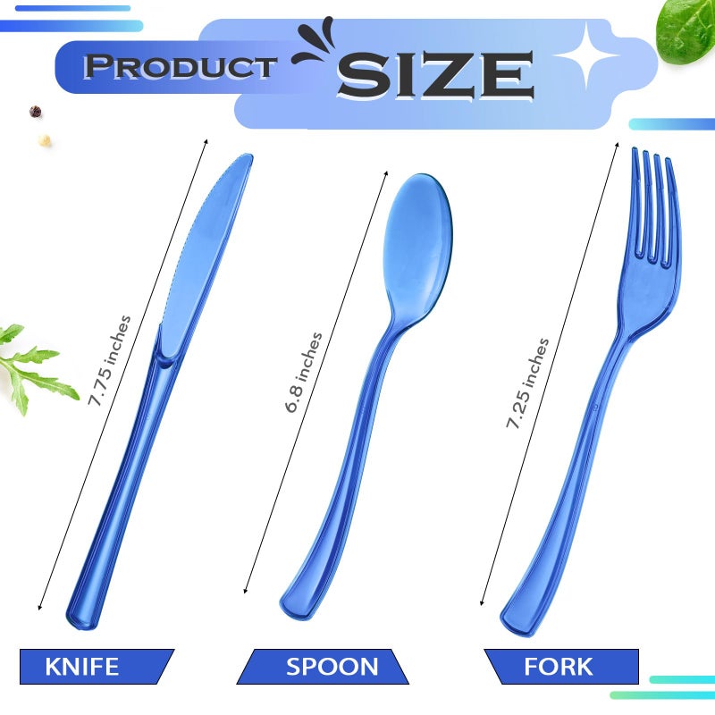 Minatee 150 Pieces Disposable Cutlery Set Plastic Silverware Heavy Duty Utensil Sets 50 Forks 50 Knives 50 Spoons for Home Office School Party Picnics Restaurant Outdoor Events or Every Day Use (Blue) - Image 3