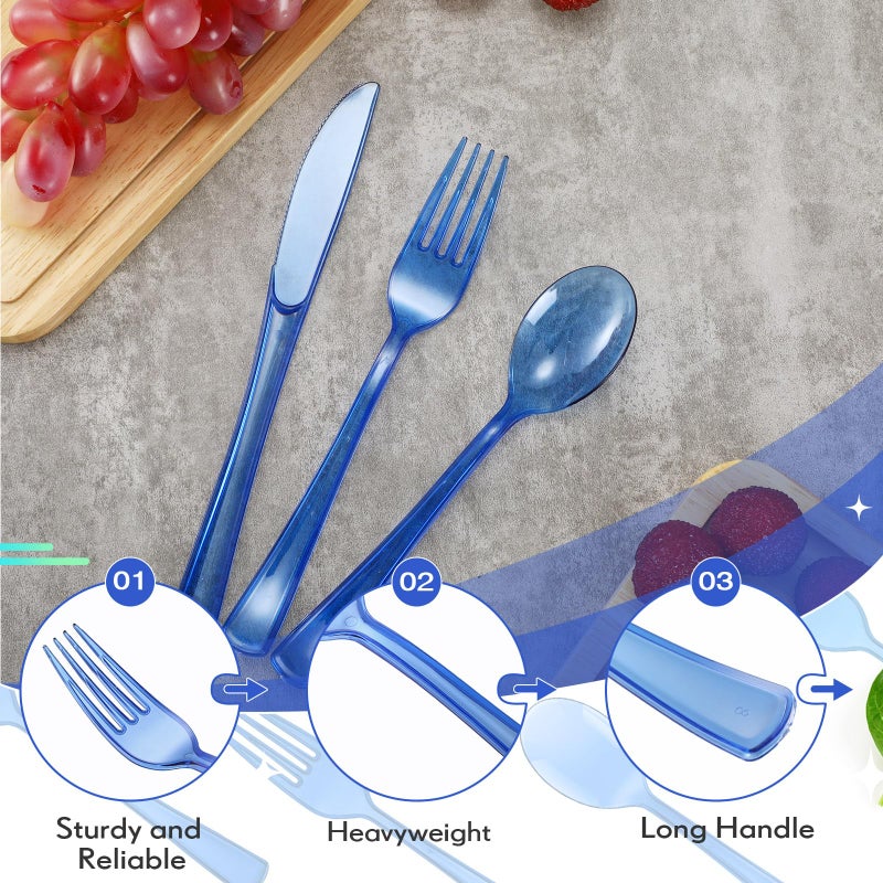 Minatee 150 Pieces Disposable Cutlery Set Plastic Silverware Heavy Duty Utensil Sets 50 Forks 50 Knives 50 Spoons for Home Office School Party Picnics Restaurant Outdoor Events or Every Day Use (Blue) - Image 4