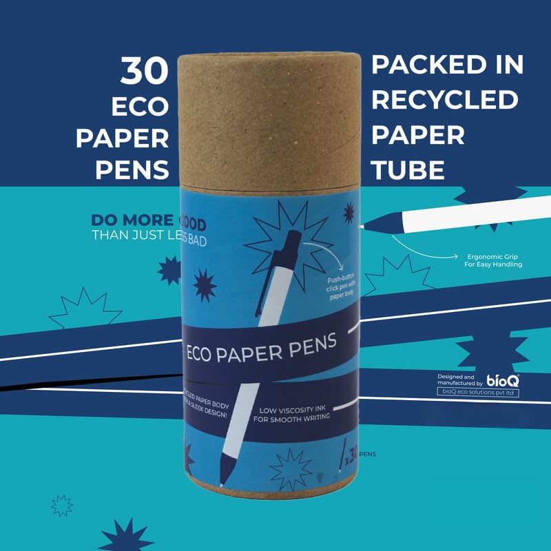 bioq Eco Paper Pens (30 Pack) | Multi-Color Click Pens | Recycled Paper Body | Low Viscosity Ink | Ergonomic Design | Sustainable Corporate Gift - Image 3