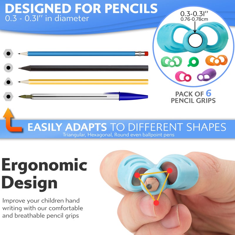 Stylo Pack of 6 Pencil Grips for Kids Handwriting Perfect Pencil Holders for Kids Home Schooling and Preschool Writing Tools for Kids Assorted Pen Grips Christmas Gifts (Pack of 6, Multicolored) - Image 2