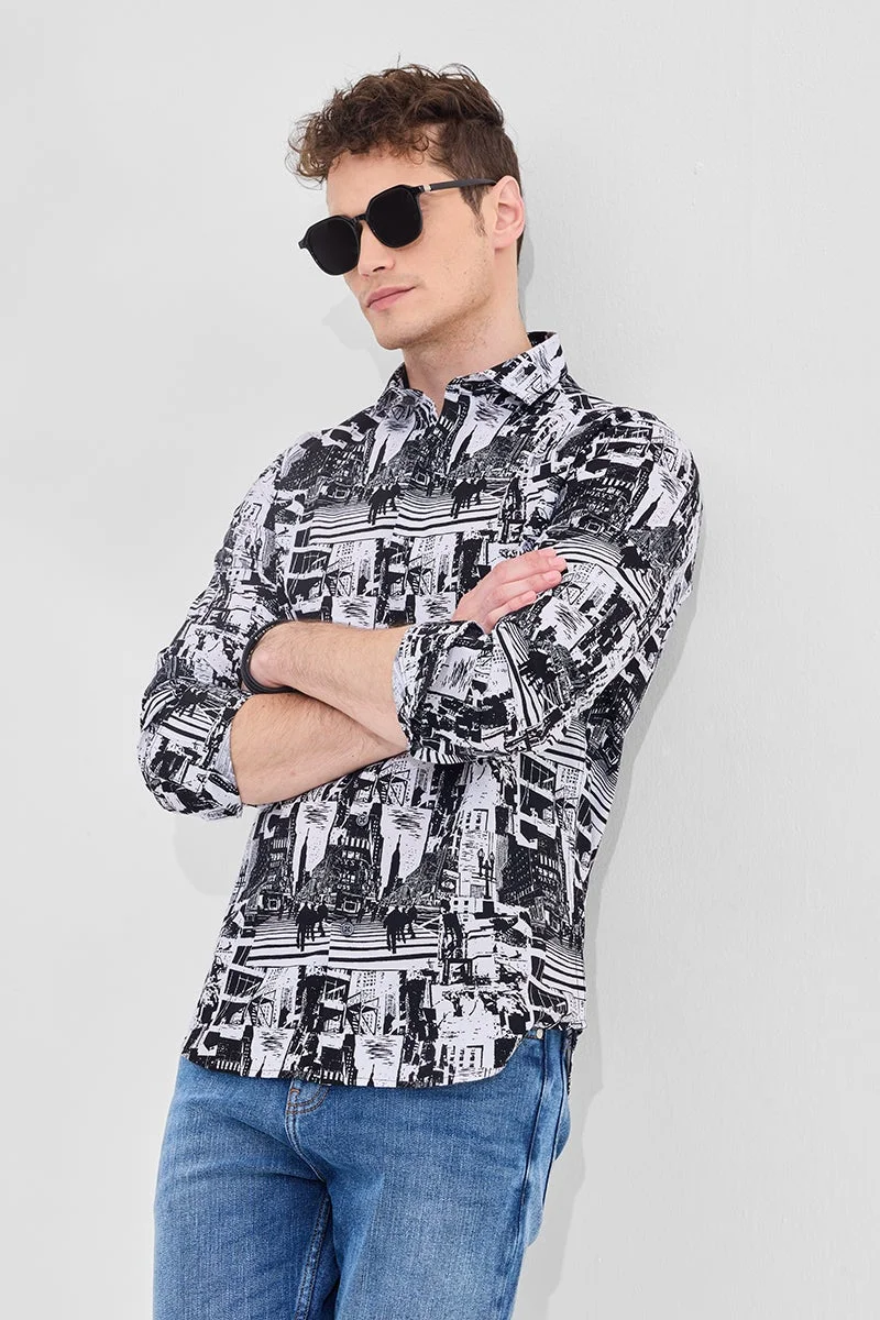 SNITCH White Printed Long Sleeve Slim Fit Casual Shirt
