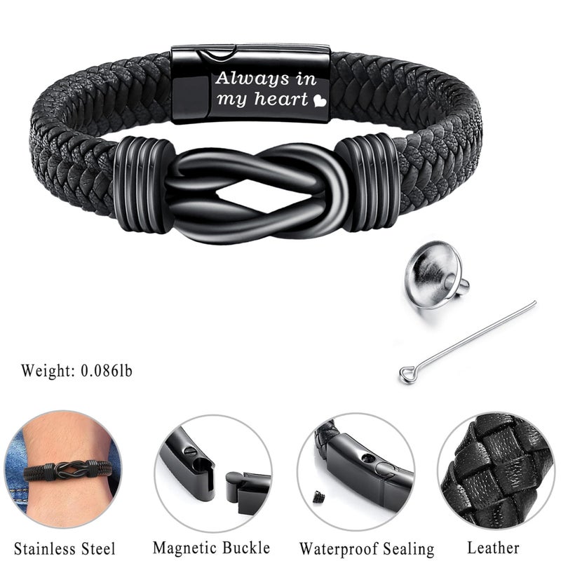 YOUFENG Urn Bracelet for Human Ashes Leather Cremation Knot Bracelet Stainless Steel Keepsake Cuff Bangle Jewelry for Men - Image 2