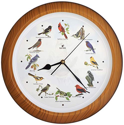 JUSTIME Lovely Collection 14-inch Plays 12 Popular North American Bird's Songs Wall Clock Mantel Clock Home Deco Multicolor (TCBD007-W Faux Wood) - Image 1