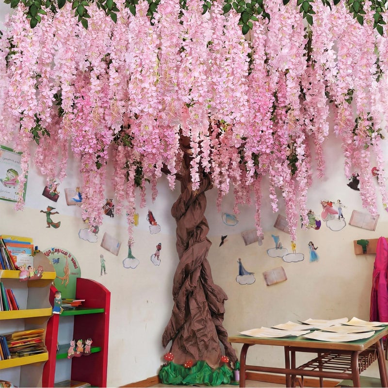 Giegxin Artificial Wisteria Blossom Tree 3D Fake Floral with 20 Wisteria Flower Branches Blossom Decor for Indoor Wedding Background Walls Rattan Air Conditioning Pipe Ceiling (Pink) - Image 1