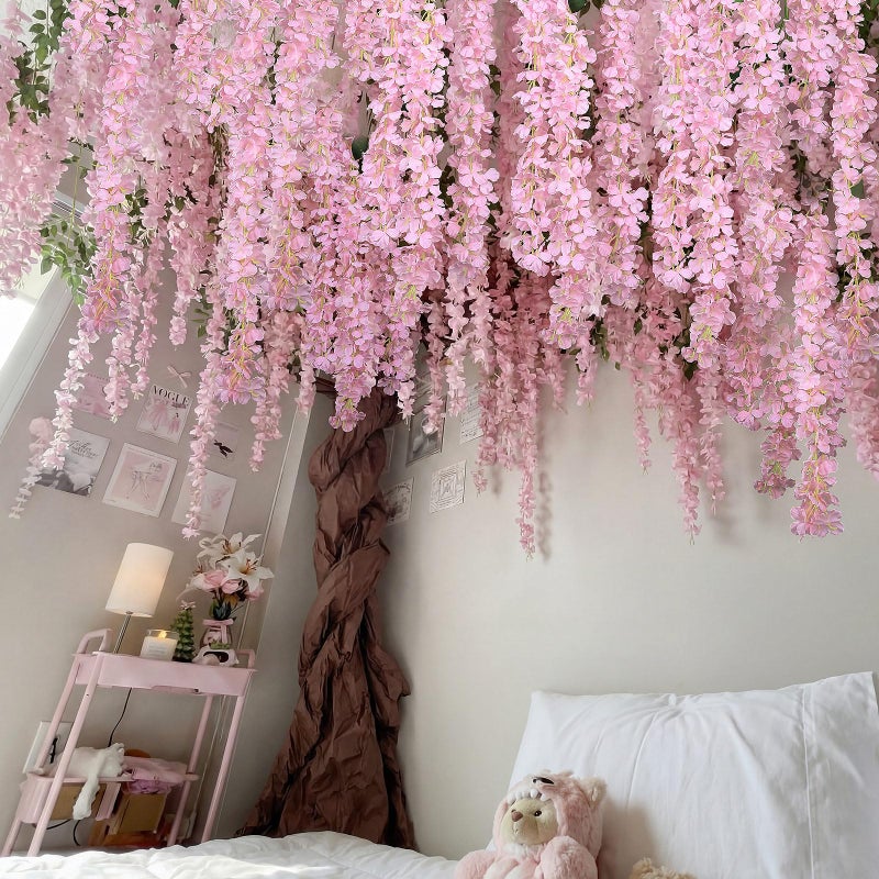 Giegxin Artificial Wisteria Blossom Tree 3D Fake Floral with 20 Wisteria Flower Branches Blossom Decor for Indoor Wedding Background Walls Rattan Air Conditioning Pipe Ceiling (Pink) - Image 5