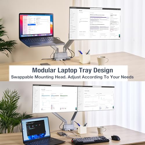 AVLT Dual 17”-38" Monitor Arm Desk Mount with 17" Laptop Tray and USB-C Docking Station, HDMI 4K60Hz, USB-A 5Gbps, Ethernet, 100W PD, Fits Two Flat/Curved - Gray - Image 2