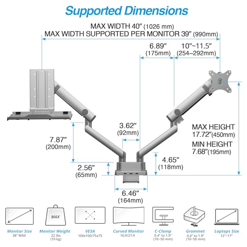 AVLT Dual 17”-38" Monitor Arm Desk Mount with 17" Laptop Tray and USB-C Docking Station, HDMI 4K60Hz, USB-A 5Gbps, Ethernet, 100W PD, Fits Two Flat/Curved - Gray - Image 4