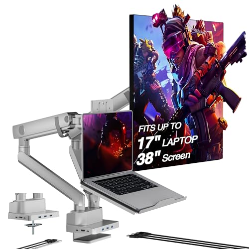 AVLT Dual 17”-38" Monitor Arm Desk Mount with 17" Laptop Tray and USB-C Docking Station, HDMI 4K60Hz, USB-A 5Gbps, Ethernet, 100W PD, Fits Two Flat/Curved - Gray - Image 1