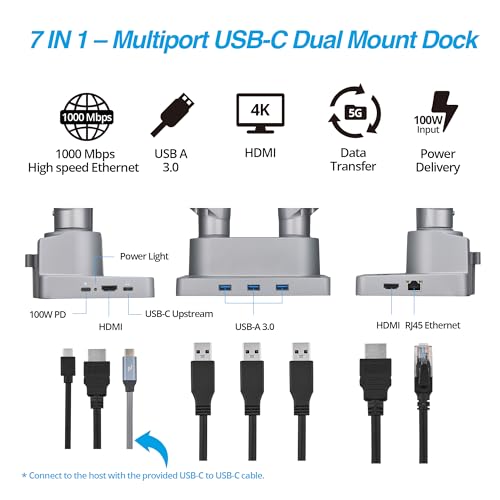 AVLT Dual 17”-38" Monitor Arm Desk Mount with 17" Laptop Tray and USB-C Docking Station, HDMI 4K60Hz, USB-A 5Gbps, Ethernet, 100W PD, Fits Two Flat/Curved - Gray - Image 3