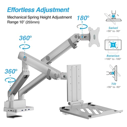 AVLT Dual 17”-38" Monitor Arm Desk Mount with 17" Laptop Tray and USB-C Docking Station, HDMI 4K60Hz, USB-A 5Gbps, Ethernet, 100W PD, Fits Two Flat/Curved - Gray - Image 5