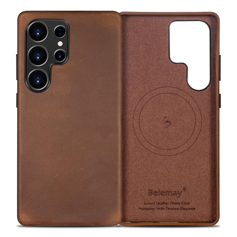 Belemay Leather Case for Samsung Galaxy S25 Ultra Compatible with Magsafe, Premium Crazy Horse Leather [Vintage Aesthetic] Unique Patina, Comfort & Soft Grip, Metal Buttons, Classic Brown - Image 1