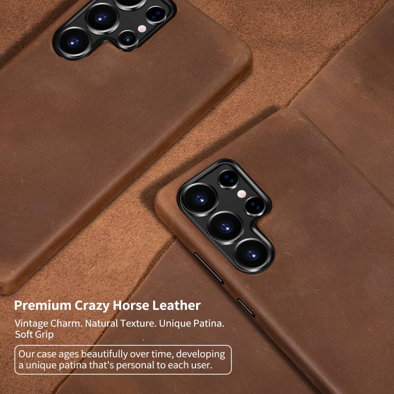 Belemay Leather Case for Samsung Galaxy S25 Ultra Compatible with Magsafe, Premium Crazy Horse Leather [Vintage Aesthetic] Unique Patina, Comfort & Soft Grip, Metal Buttons, Classic Brown - Image 2